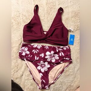 Cupshe Burgundy Floral High-Waist Bikini Set